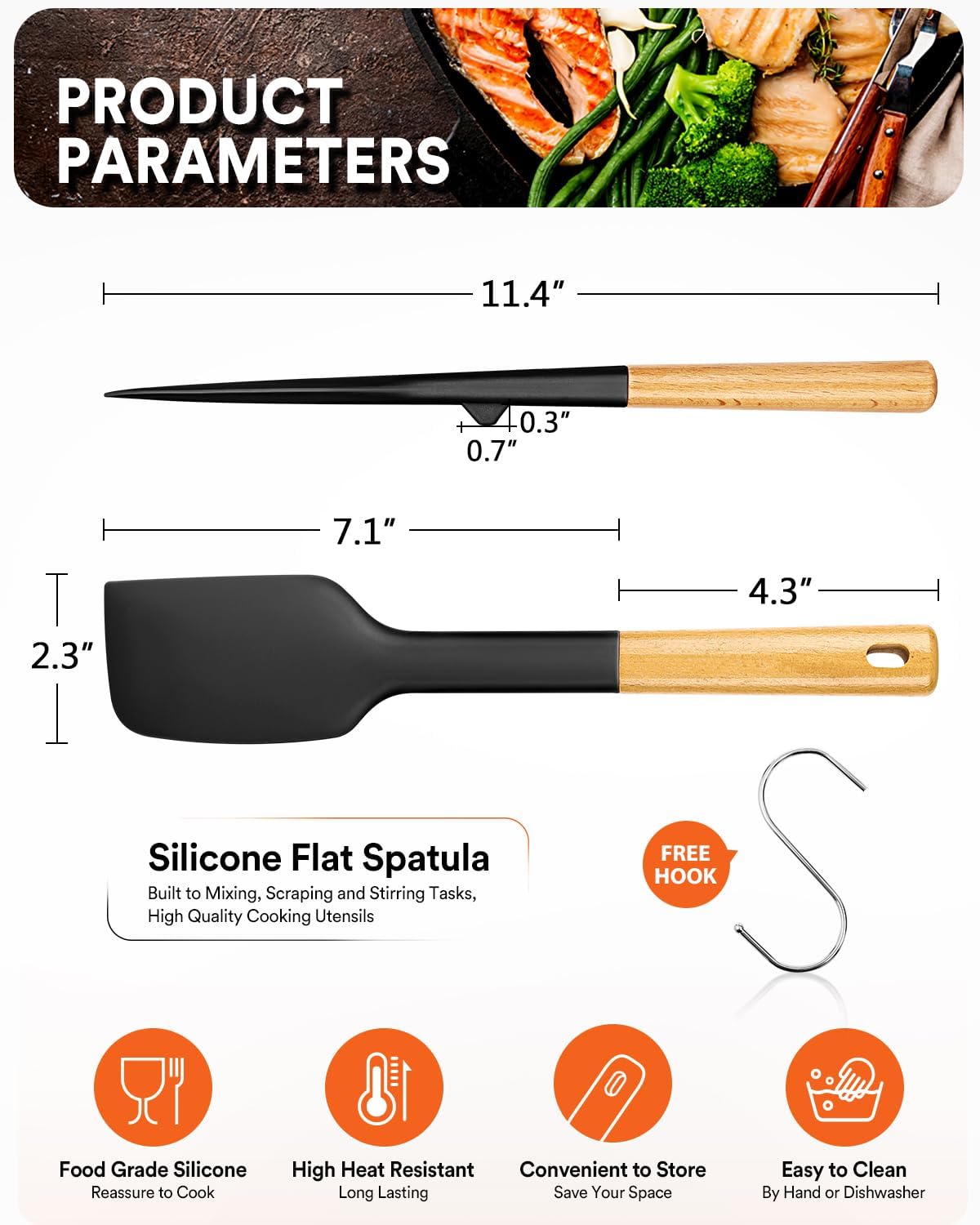 Espátula silicona antiadherente mango madera cocina negro
