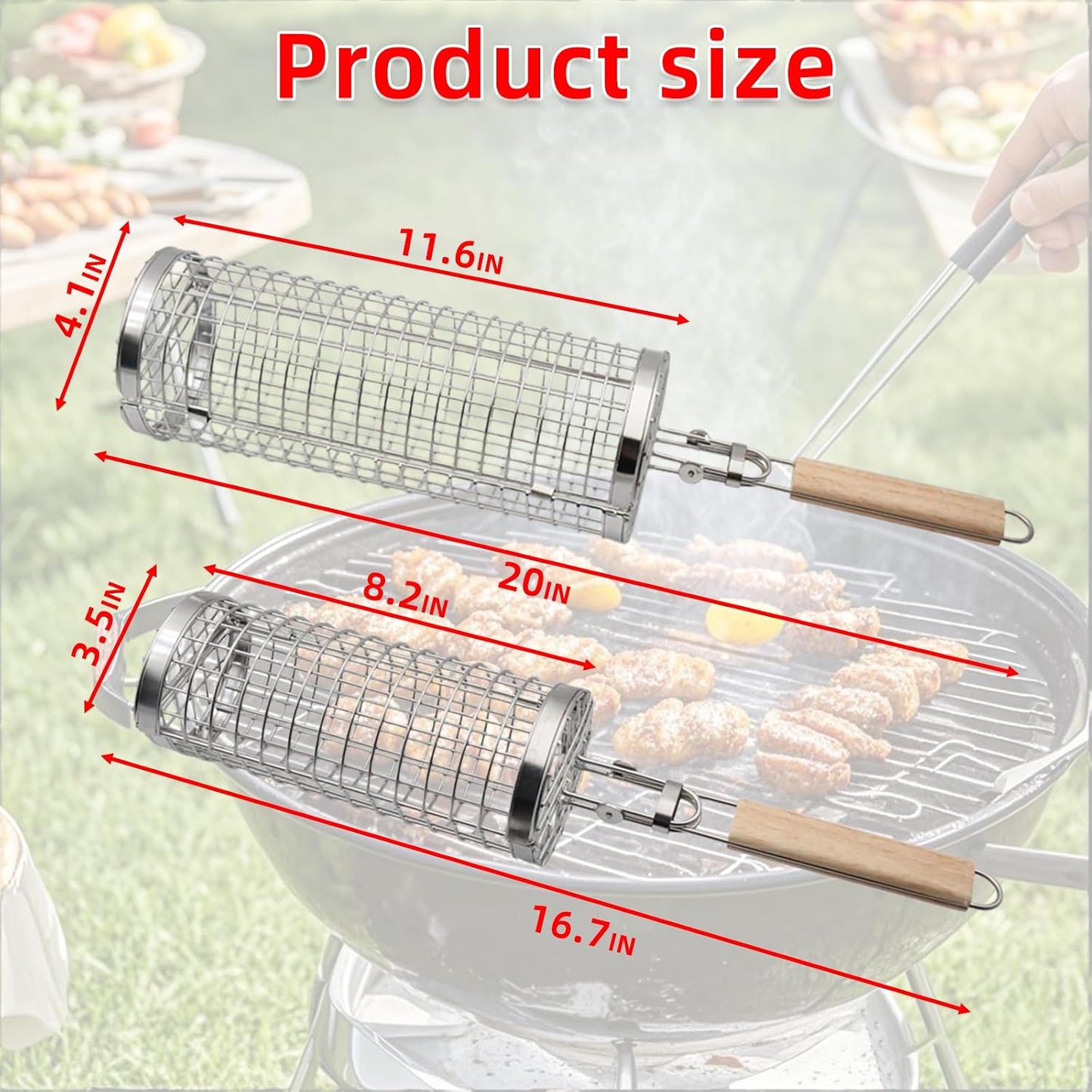 Cesta parrilla giratoria acero inox 304 para vegetales y kebab
