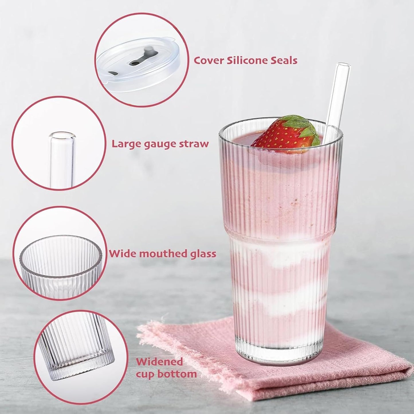 Vaso vidrio 20oz con tapa y pajita pared gruesa