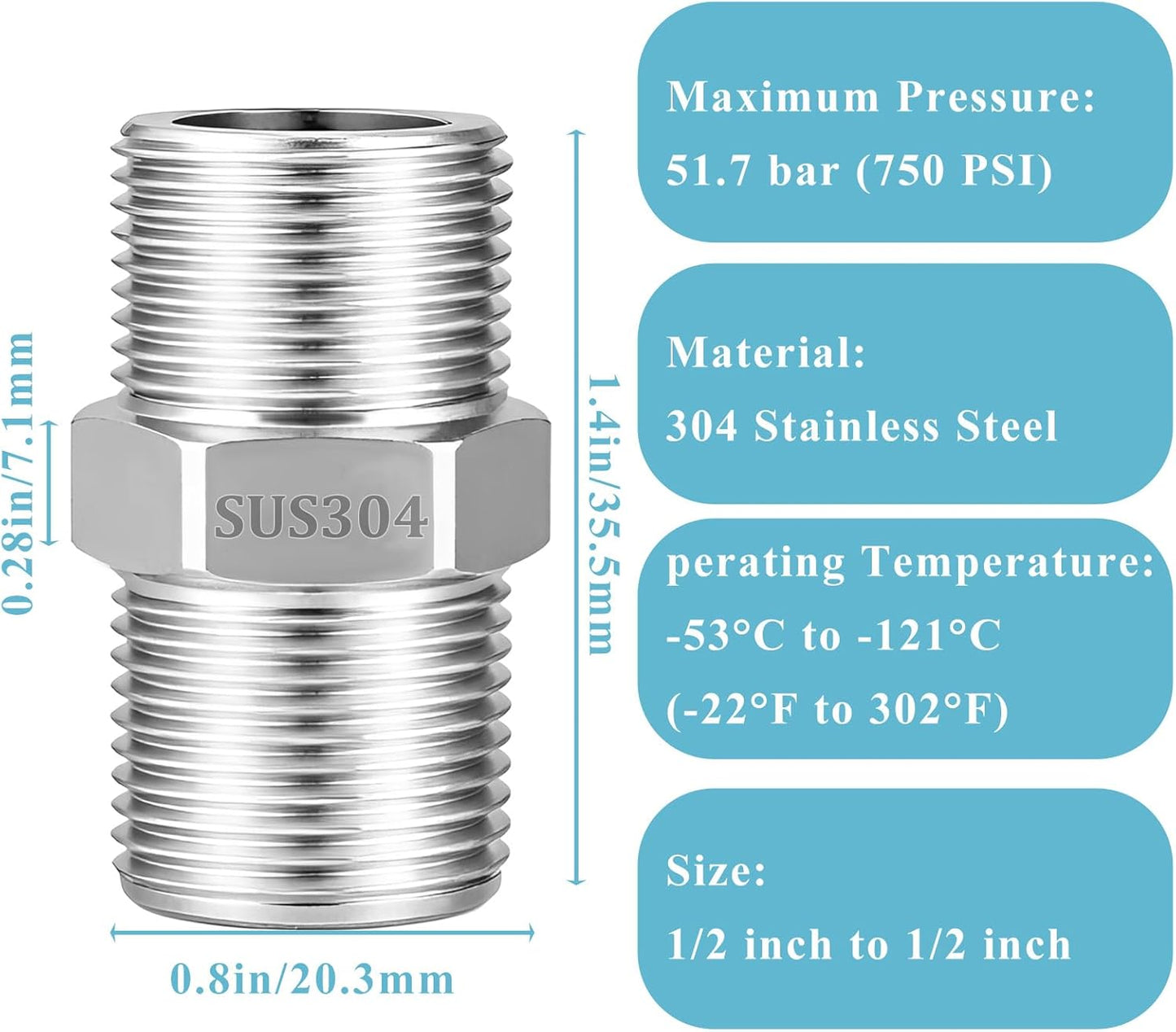 Adaptador manguera ducha acero inox extra largo
