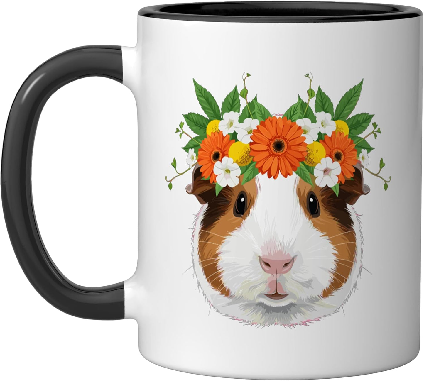Taza cerámica para mascotas con diseño de guinea pig y flores negro/blanco