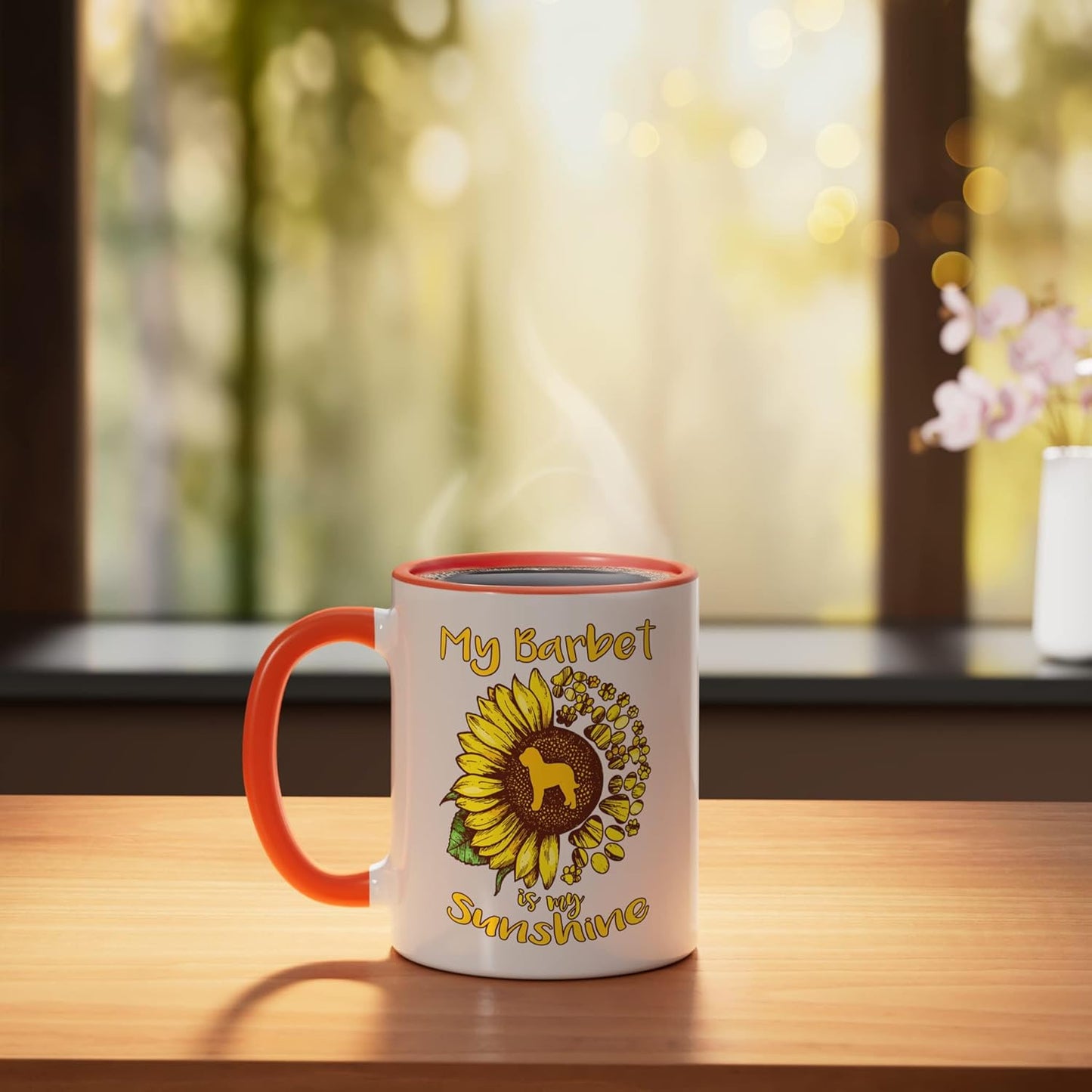 Taza Cerámica Perro Sol Pájaro Color Naranja Blanco
