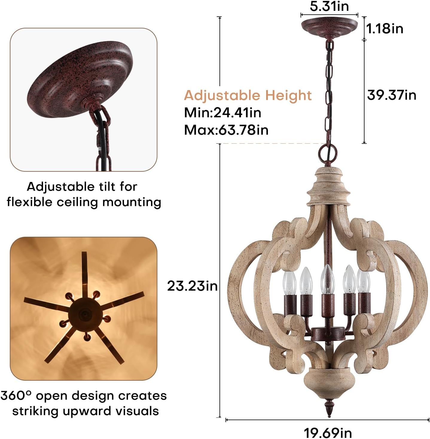 Lámpara araña rústica madera metal blanco envejecido 5 luces
