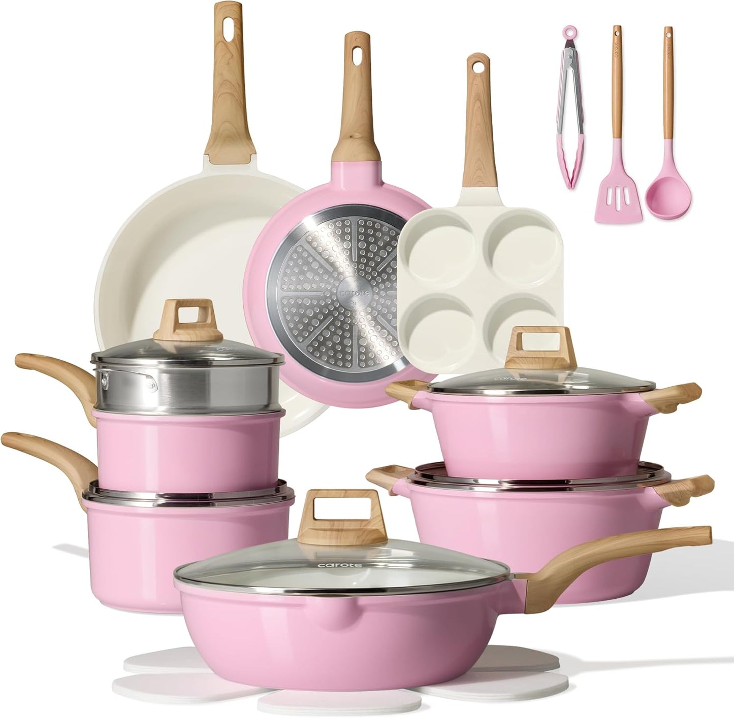 Set 21 Utensilios Cerámica Antiadherente Inducción Rosa