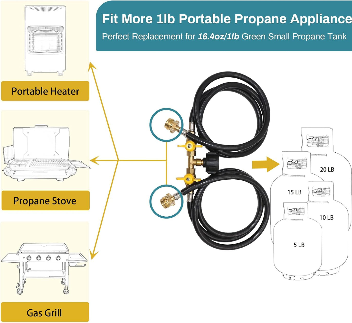 Adaptador manguera propano 2 vías 5ft válvula cierre