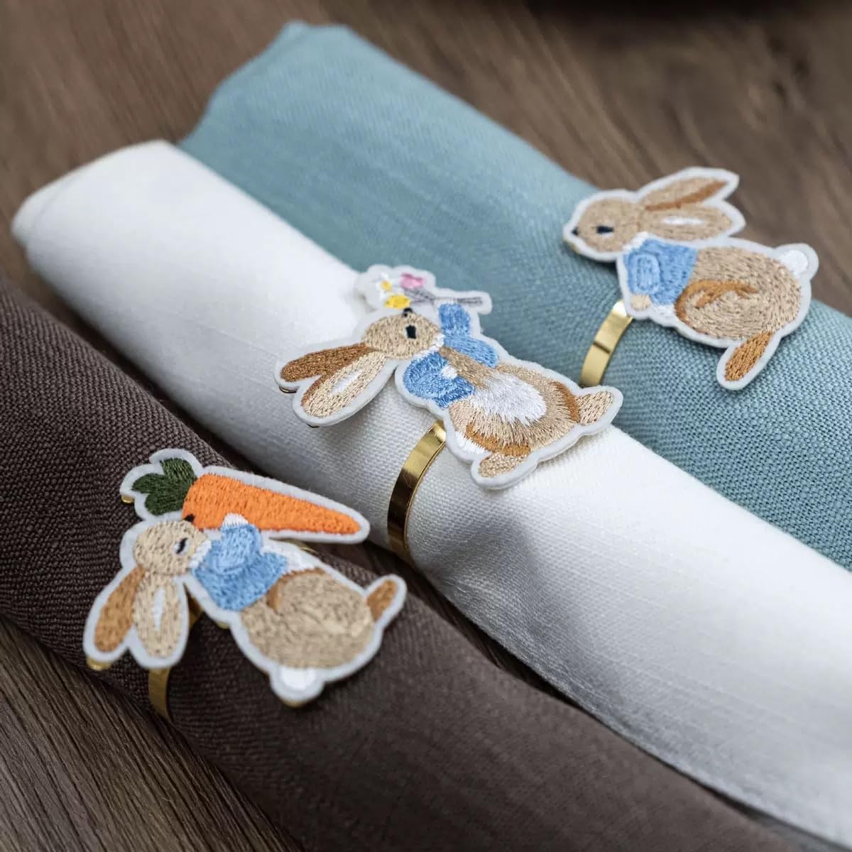 Set 3 servilleteros Pascua metal dorado con conejo
