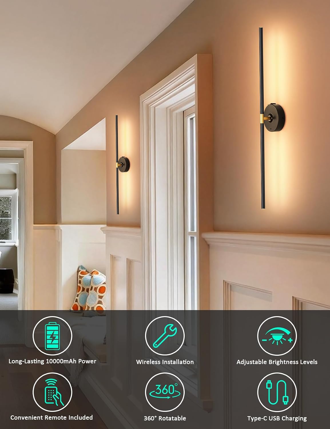 2 Apliques Pared LED Recargables 10000mAh Hogar Moderno