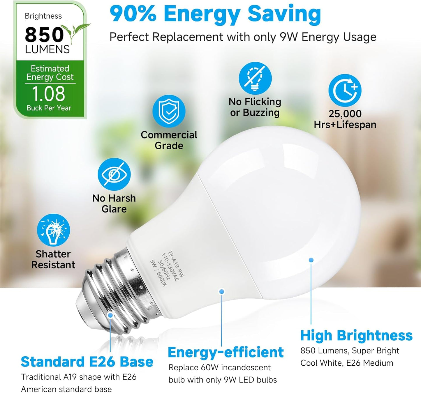 Bombilla LED A19 9W 6000K Base E26 Set 6