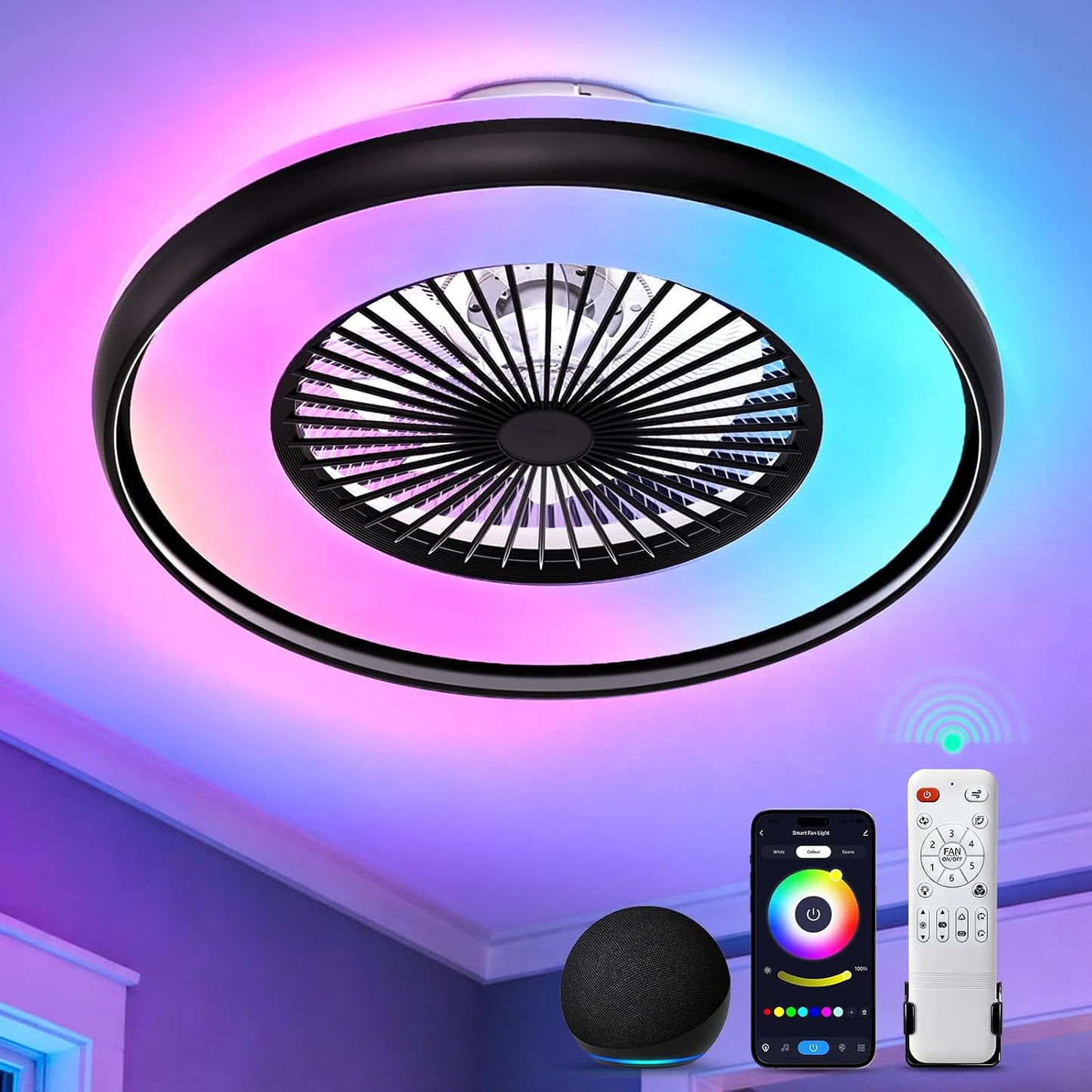 Ventilador techo RGB 24pulg control remoto voz