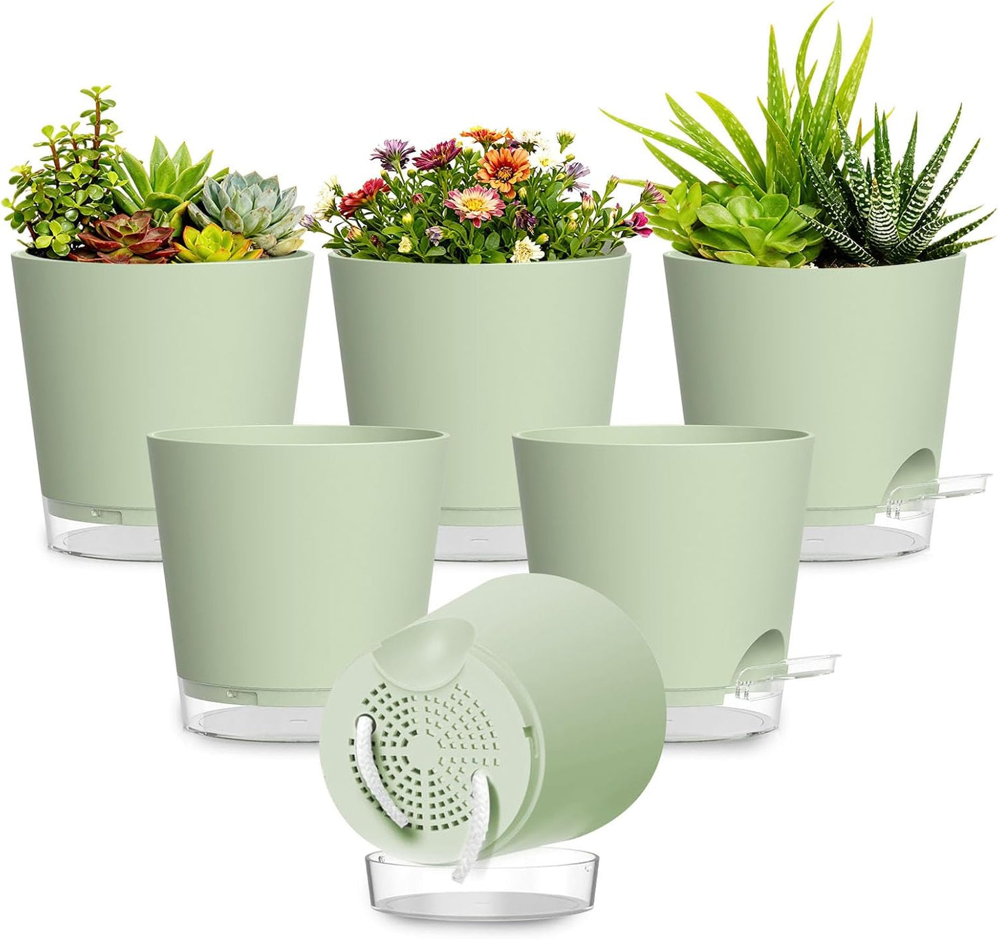 Macetas plástico 5pulg con drenaje set 6 con platillos