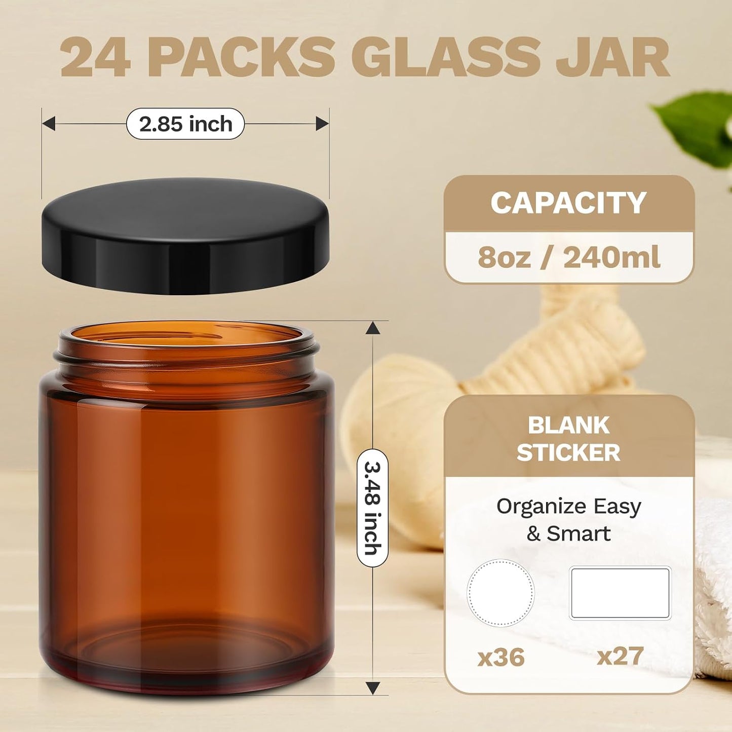 24 Pzas Tarros Vidrio Ámbar 8oz Con Tapas Para Velas Almacenamiento