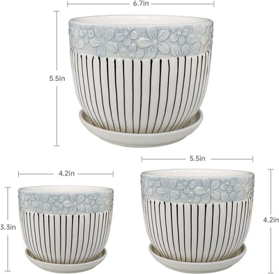 Set 3 Macetas Cerámica Textura Gris con Platillo