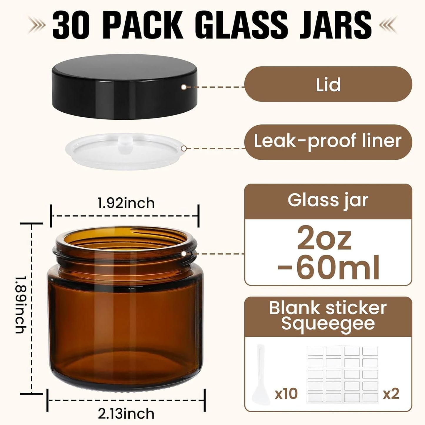 30 Tarros Vidrio 2oz con Tapas Etiquetas Espátulas