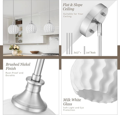 2 Luces colgantes níquel isla cocina 7.3pulg globo vidrio leche