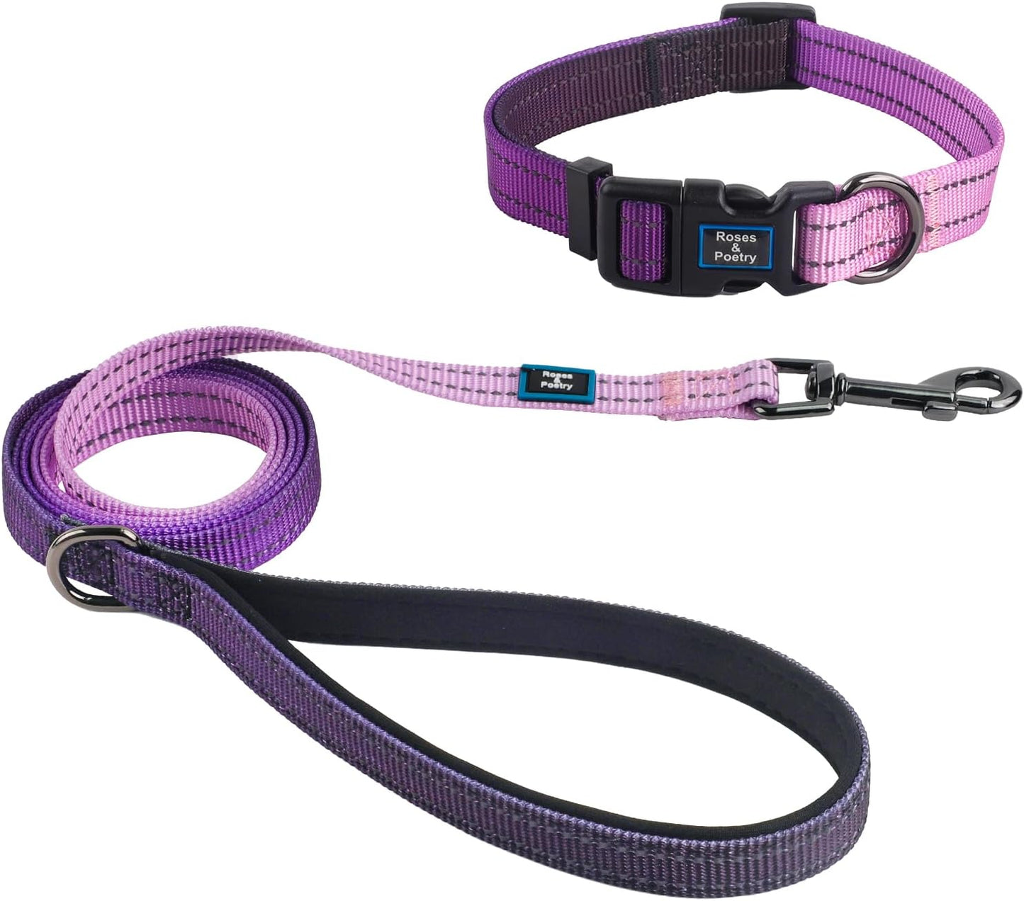 Juego collar y correa perro ajustable reflectante morado