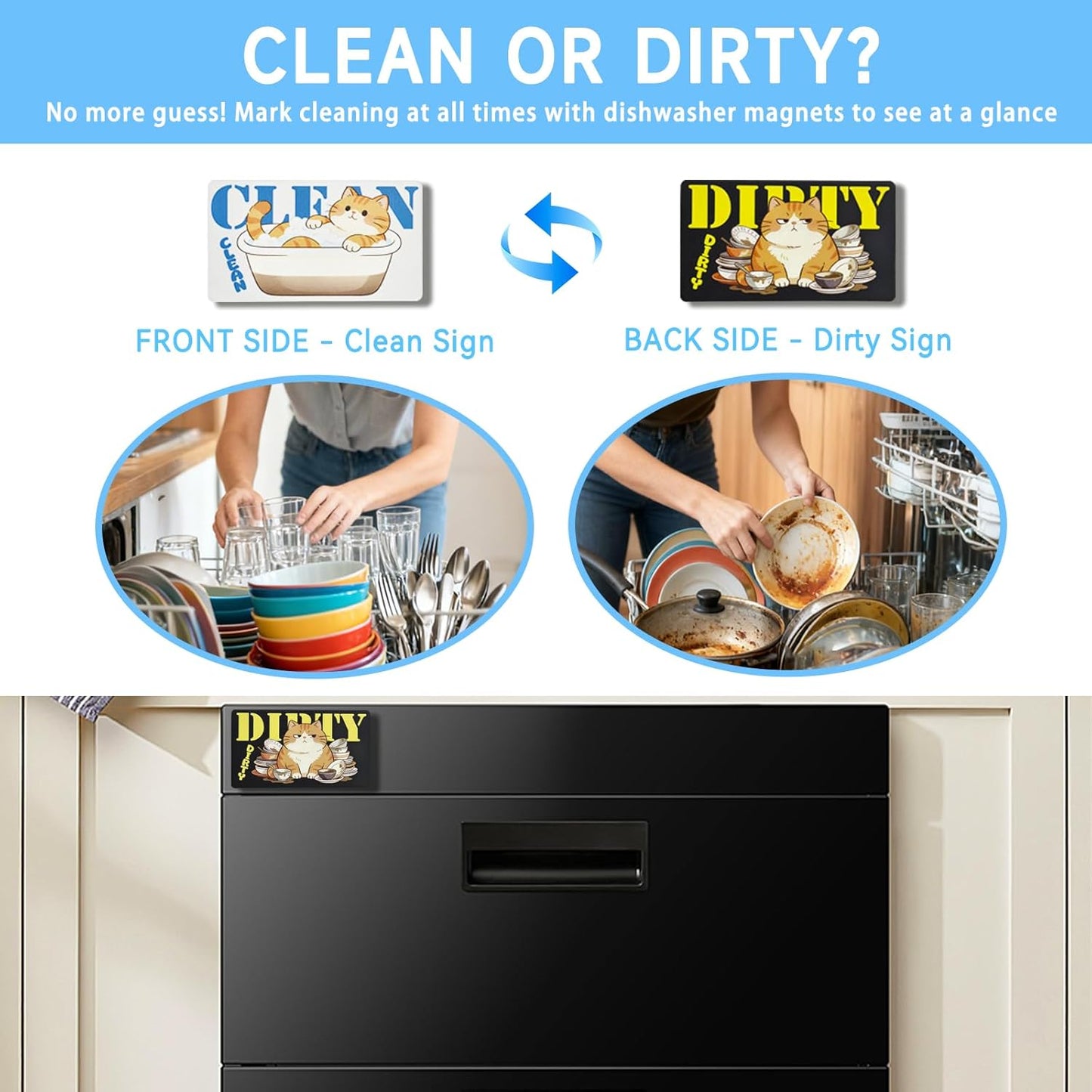 Imán de lavavajillas con diseño de gato Clean Dirty doble cara