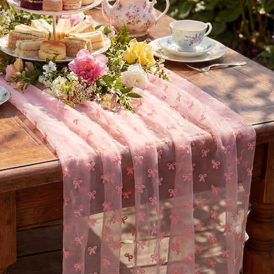 Camino de mesa de tul rosa con lazo 9.8 pies para decoración de hogar y eventos