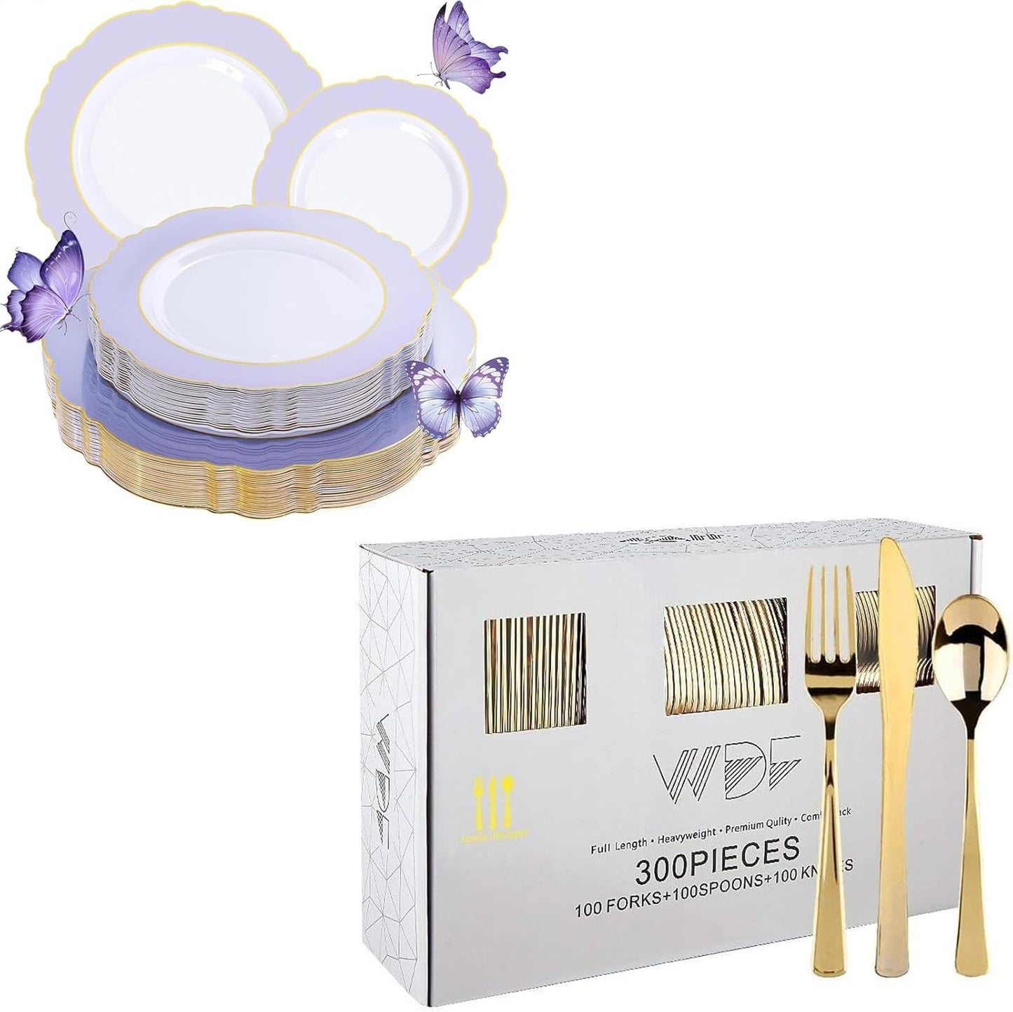 60 Pzas Platos Purpura y 300 Uds Utensilios Oro