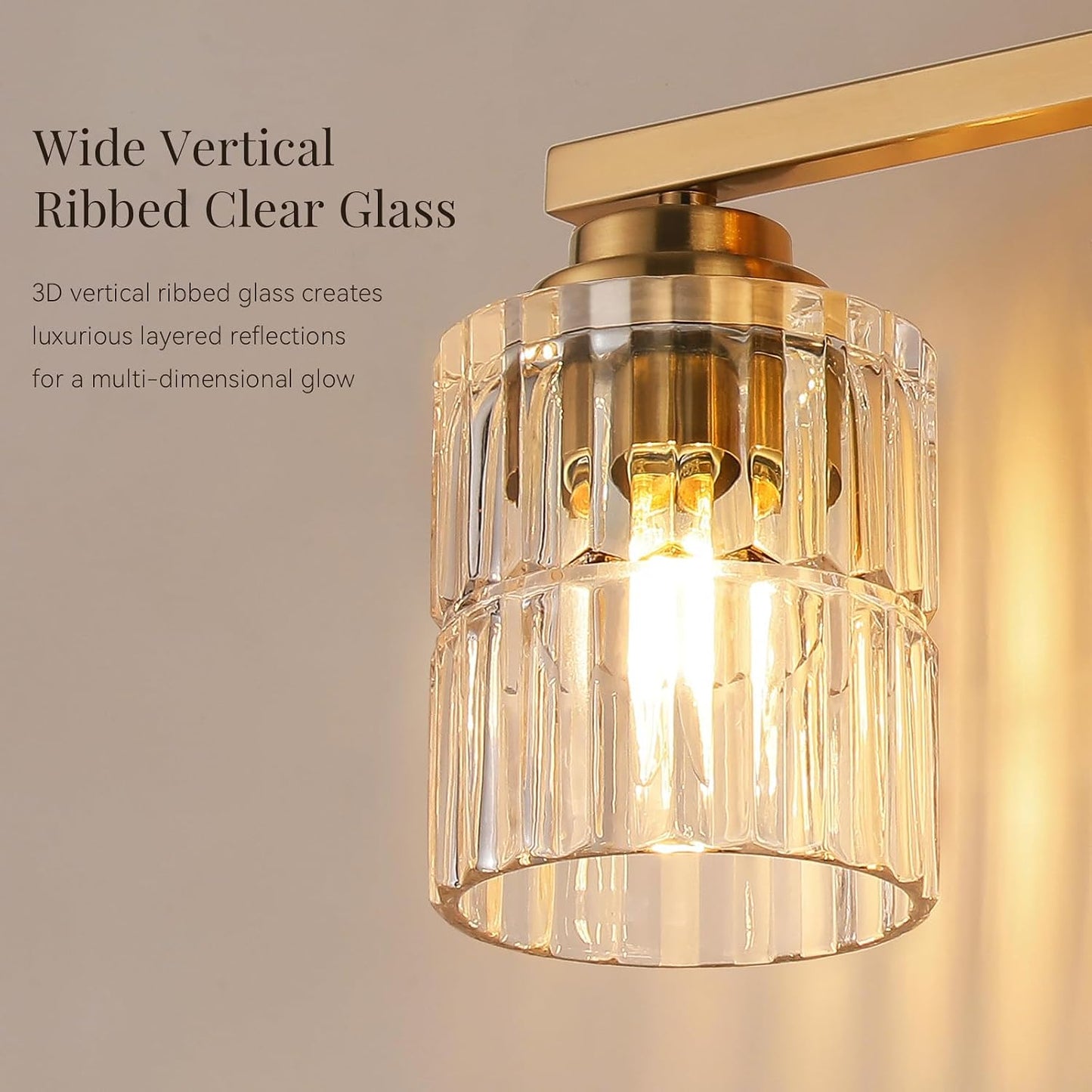 Lámpara baño 19pulg 3 luces oro cepillado pantalla vidrio ancho