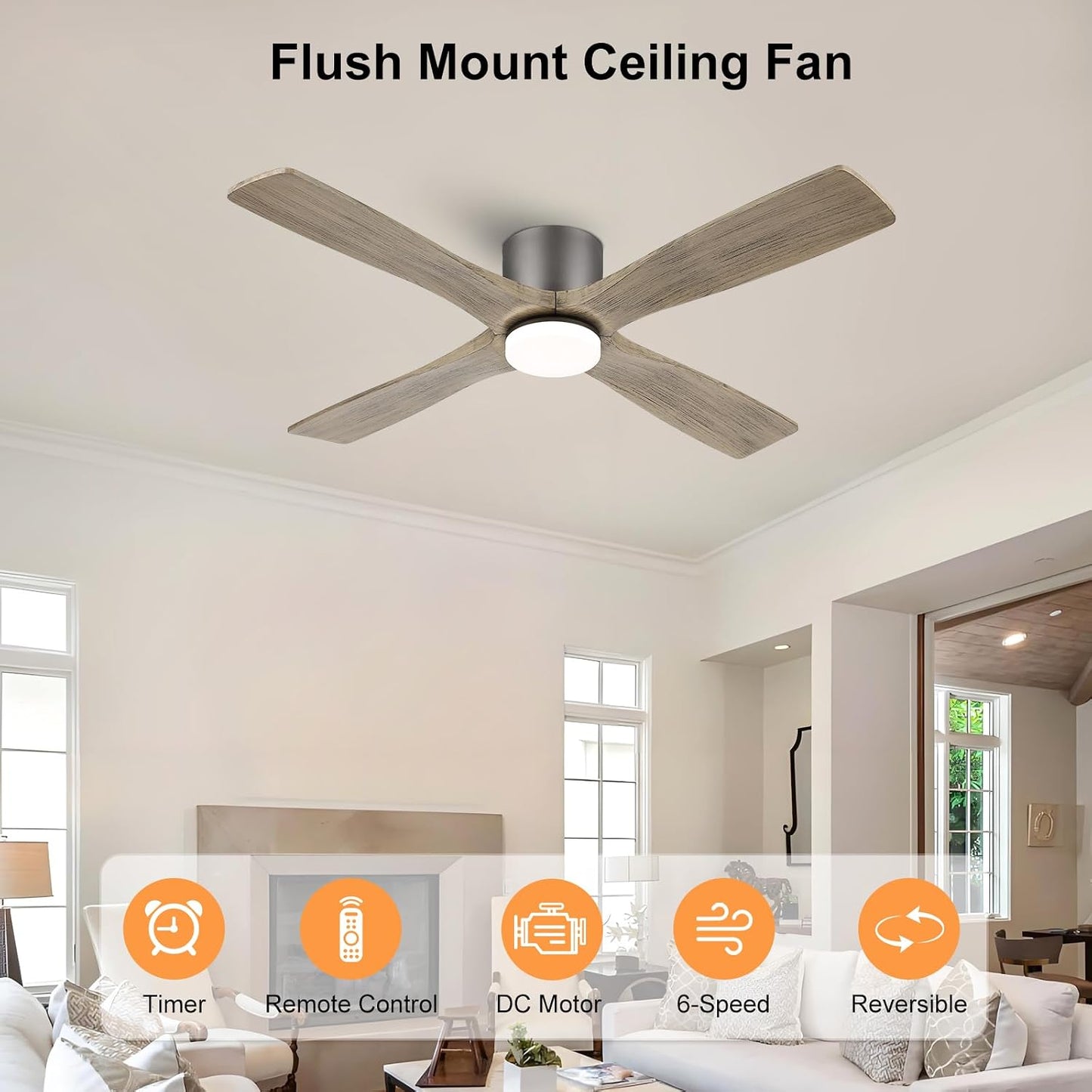 Ventilador techo 48pulg luces 6 vel 4 cuchillas madera motor CC