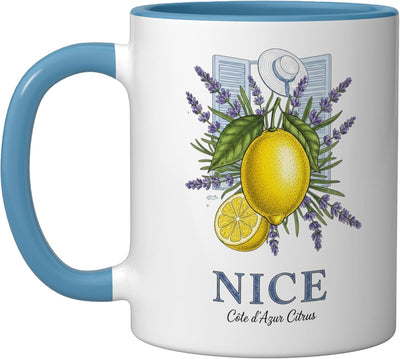 Taza Cerámica Verano con Limón y Lavanda Azul/Blanco