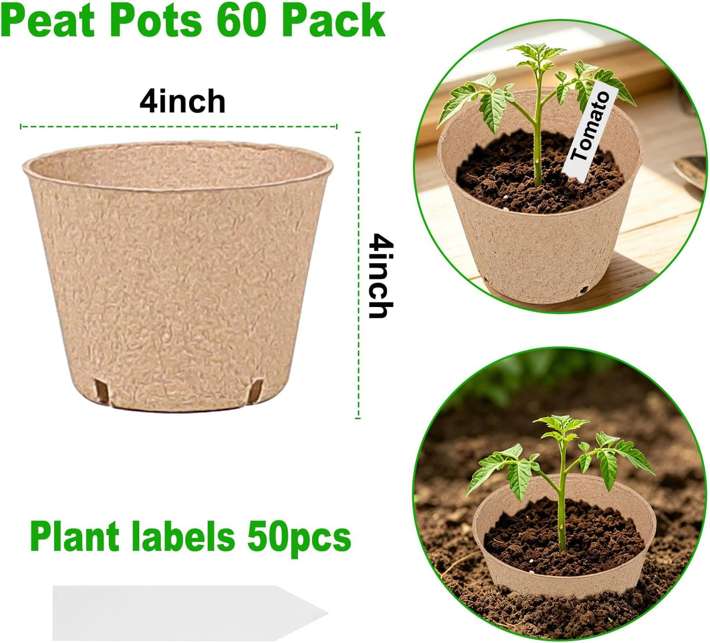 60 Pack Macetas Turba 4pulg Biodegradable con Etiquetas