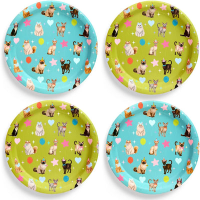 24 Platos Papel para Gatos Fiesta Iridiscente Verde Azul