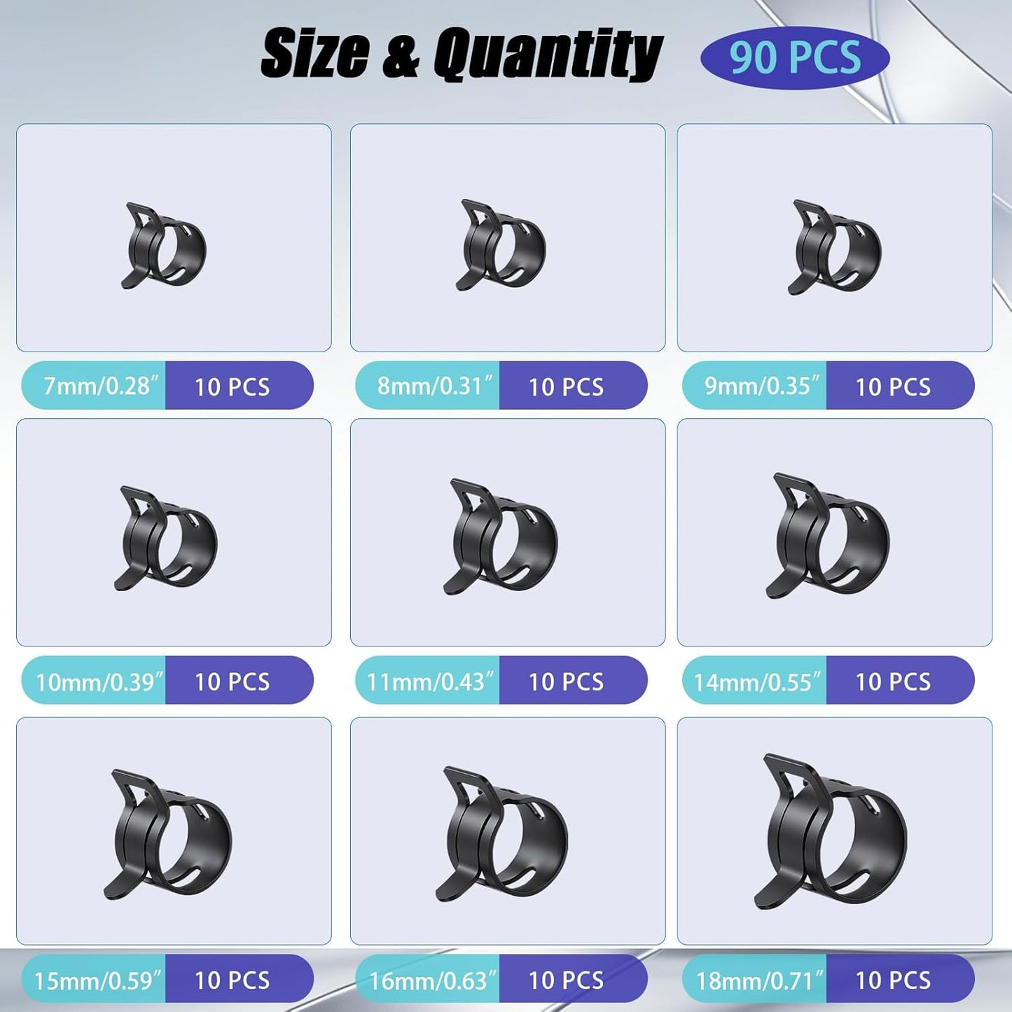 Kit 90 Abrazaderas Resorte 0.23-0.98pulg Acero Negro