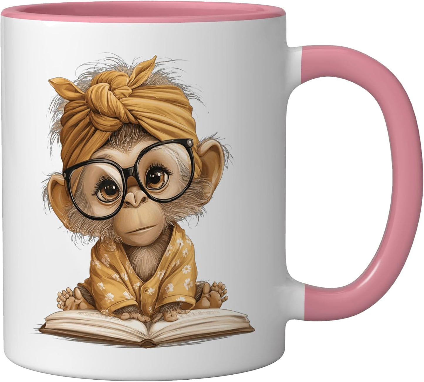 Taza cerámica de mono lector adorable para bebé rosa/blanca
