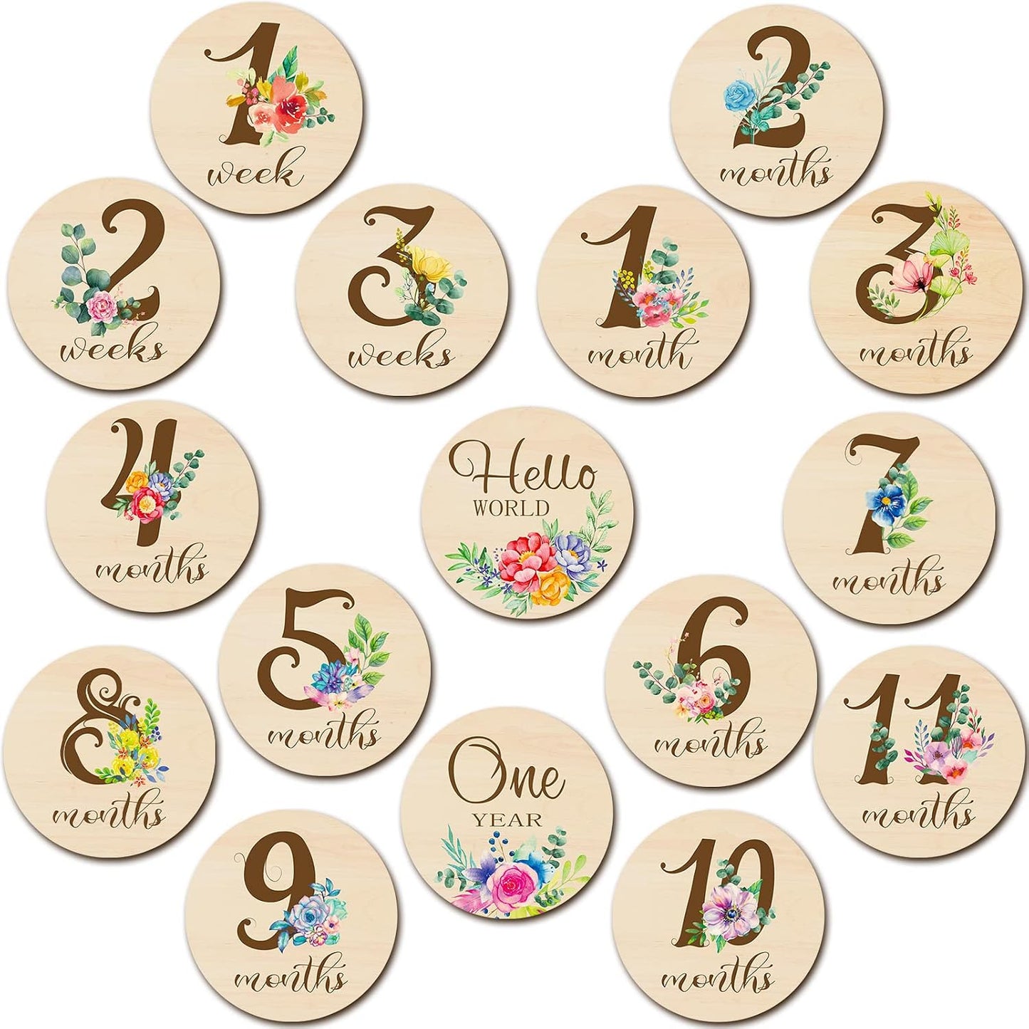 16 Tarjetas Madera Meses Bebé Círculos Doble Cara Baby Shower