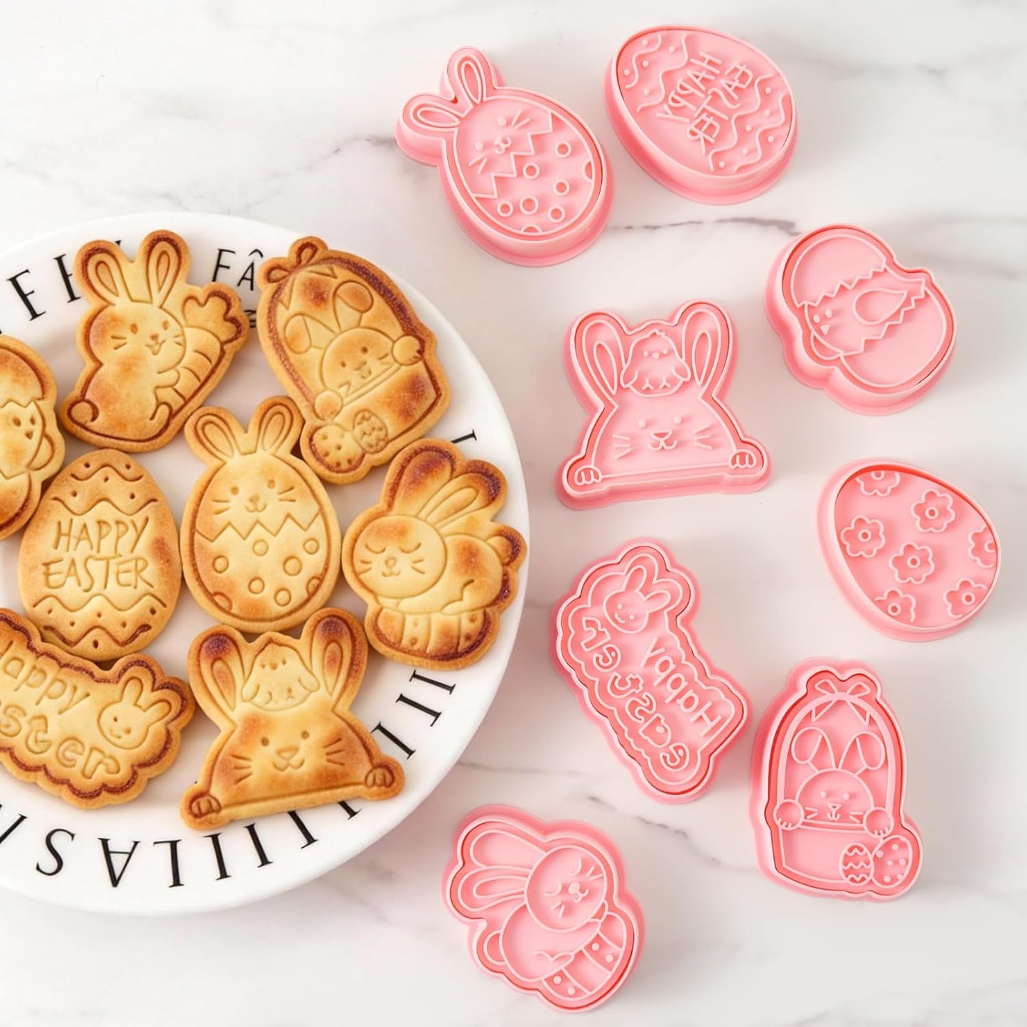 Juego de 16 cortadores de galletas Pascua con sellos en relieve 3D para mariposas y huevos de conejo