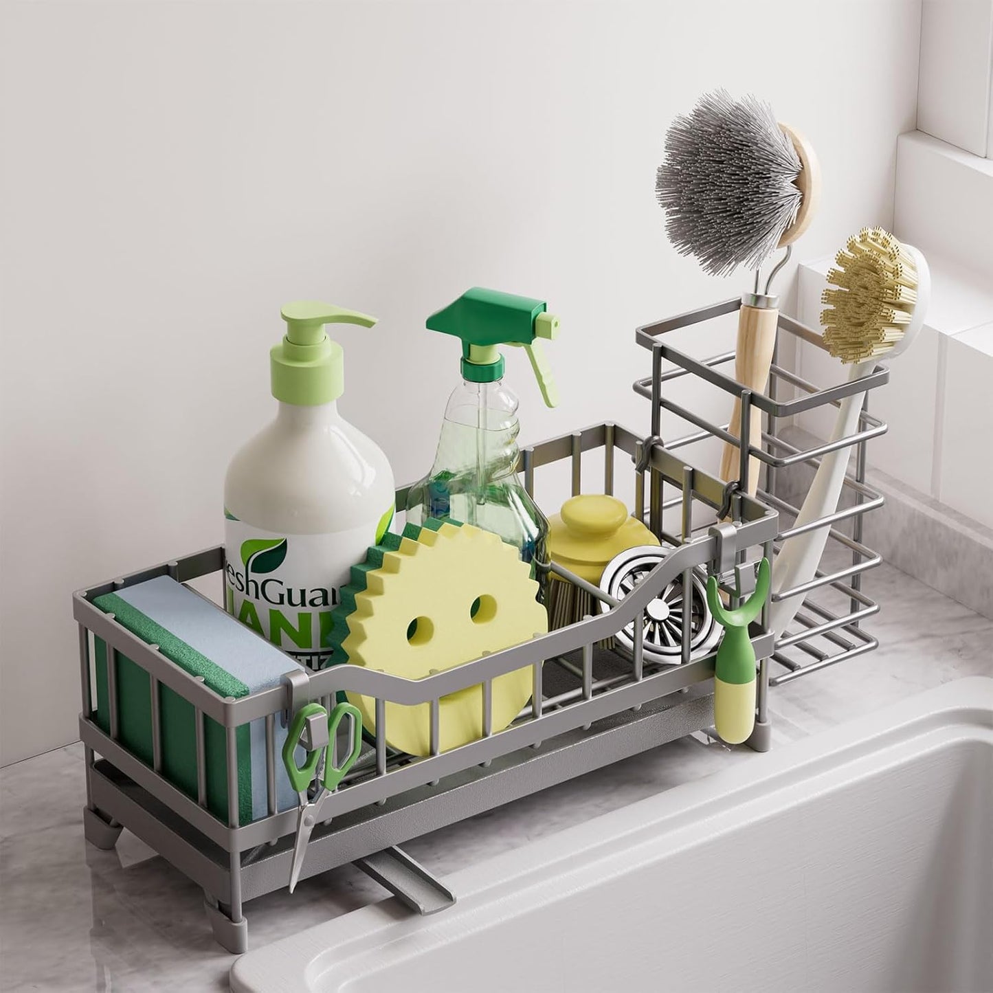 Soporte esponja fregadero acero inox 304 con cepillos gris
