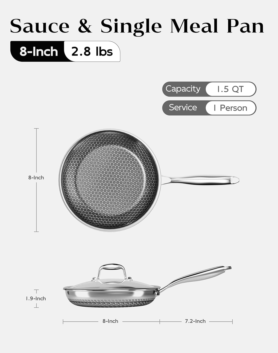 Sartén antiadherente de acero inoxidable con tapa 8 pulgadas sin PFOA