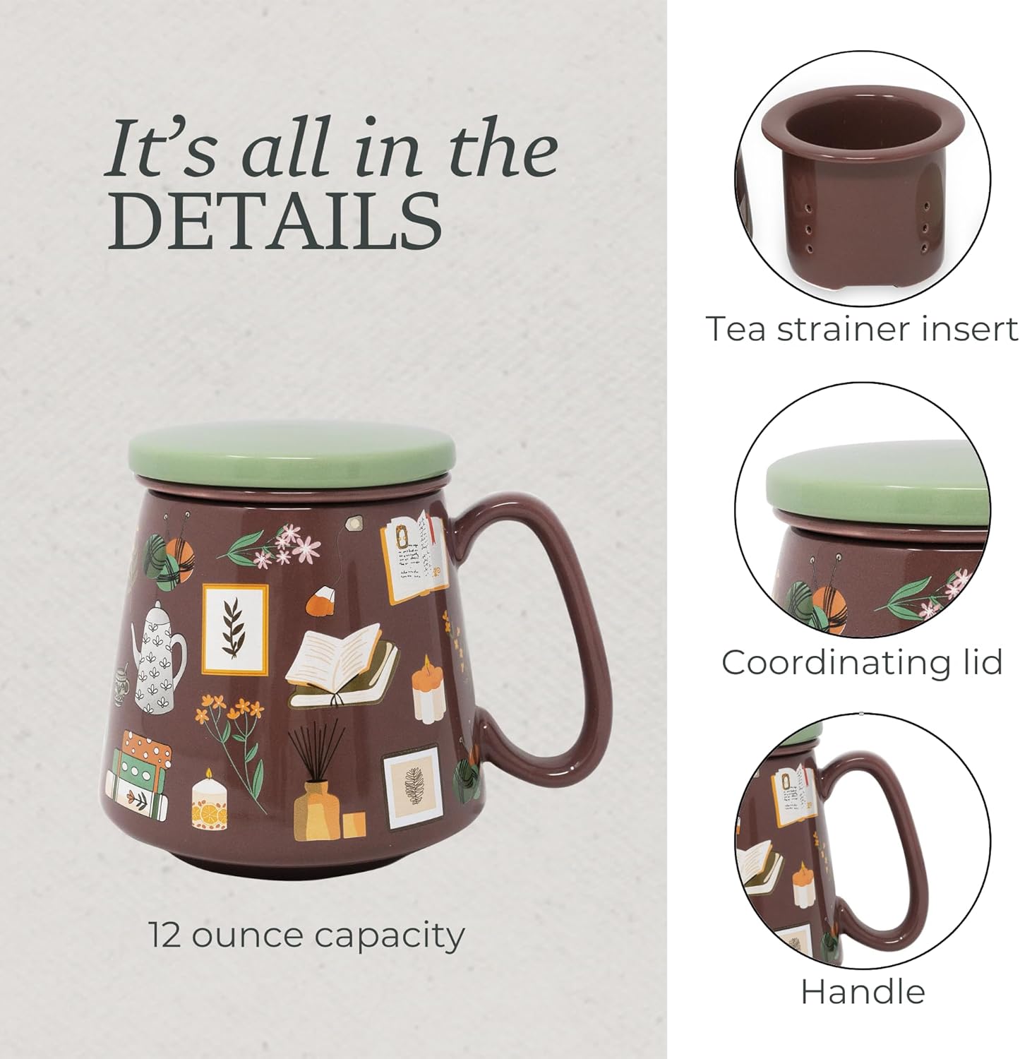 Taza infusora de té de cerámica con tapa y colador temática libro