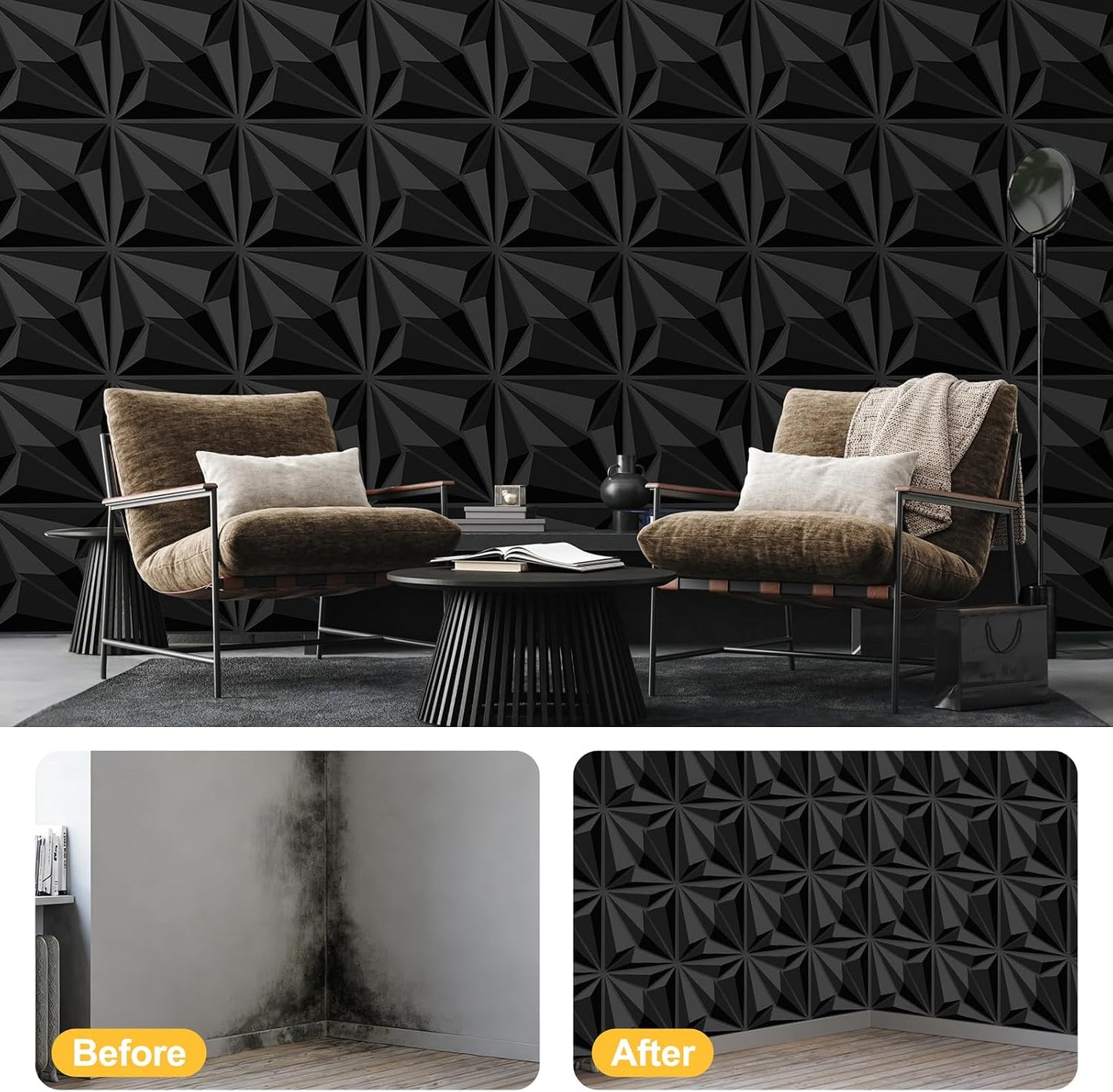 33 Paneles Pared 3D Negro Impermeable PVC Sala Juegos