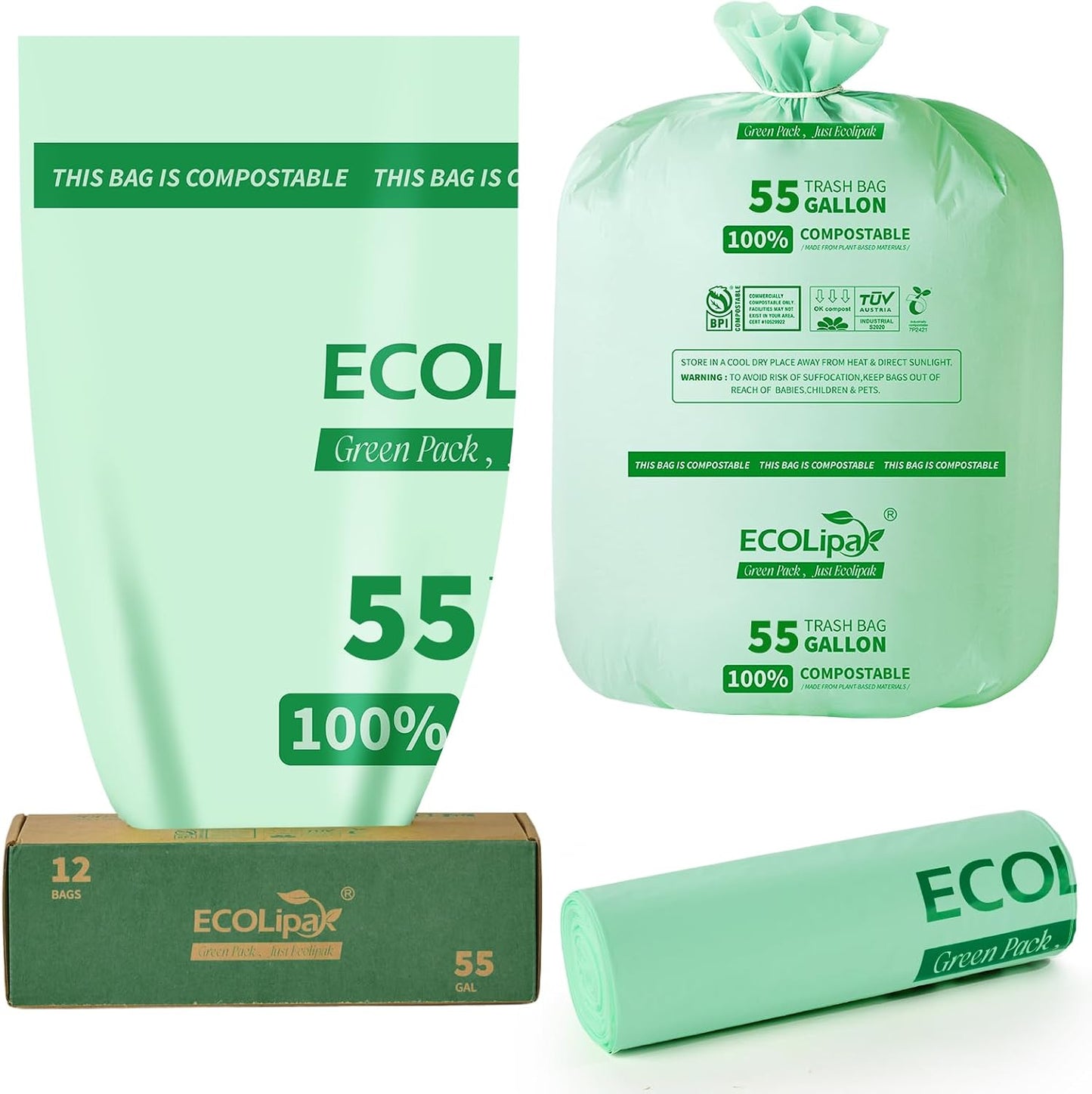 Bolsas compostables 55gal 12uds resistentes para exteriores