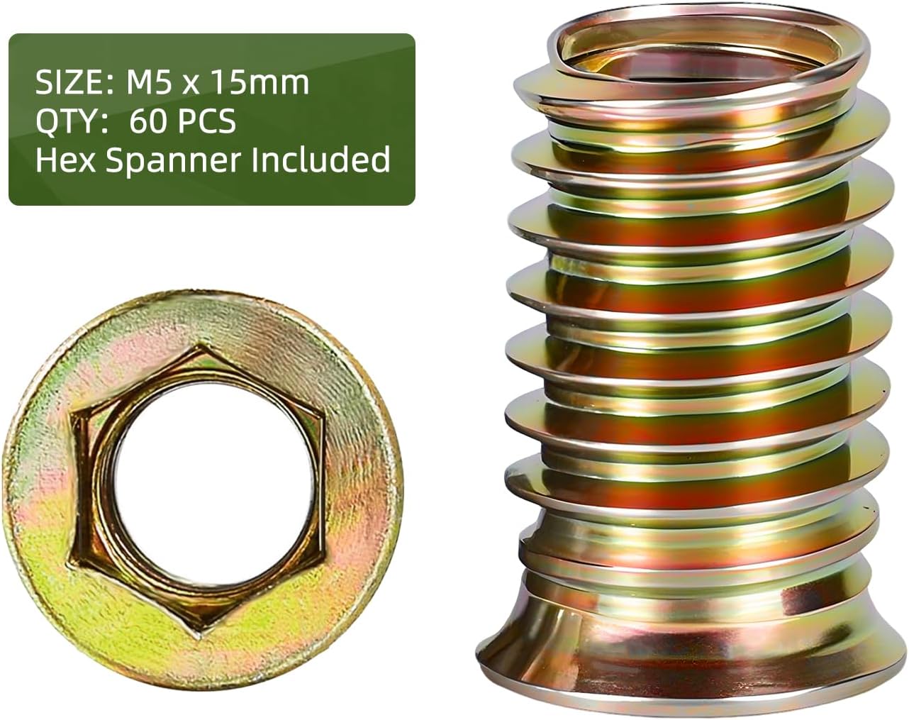 60 Pzas Insertos Roscados M5-0.8x15mm para Madera con Llave