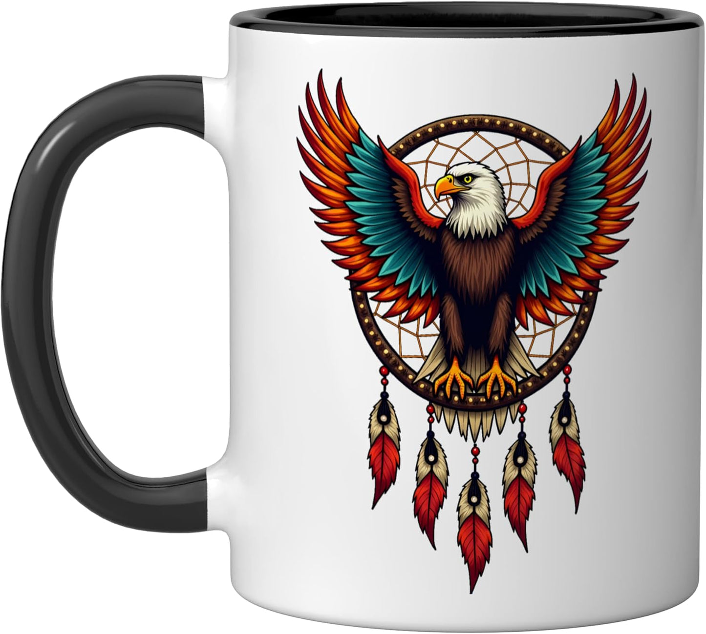 Taza cerámica Eagle Dreamcatcher con plumas nativas en negro/blanco
