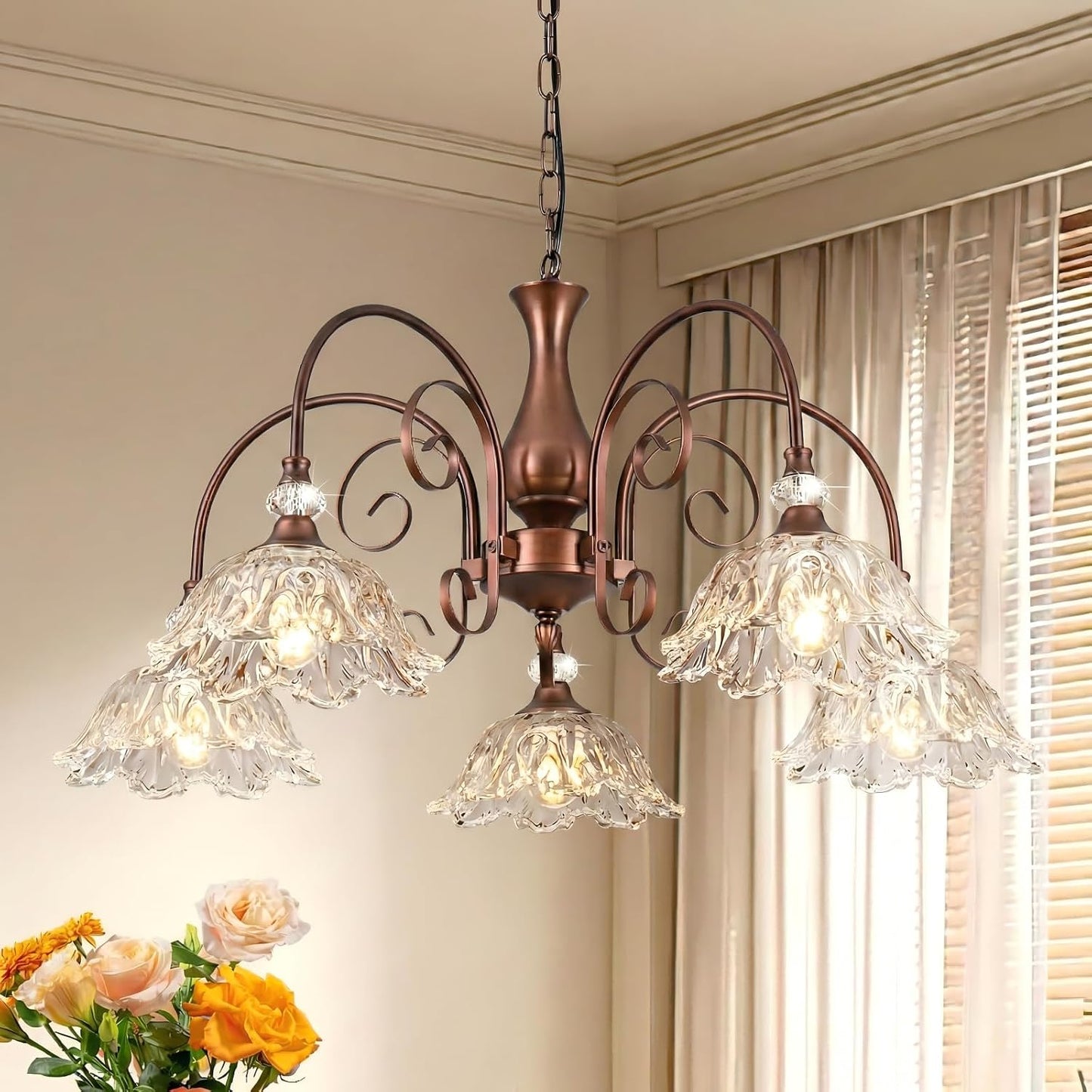 Candelabro vintage 5 luces bronce rojo cristal