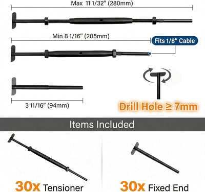 Kit 30 pares barandilla cable negro 1/8pulg tensor acero inox T316