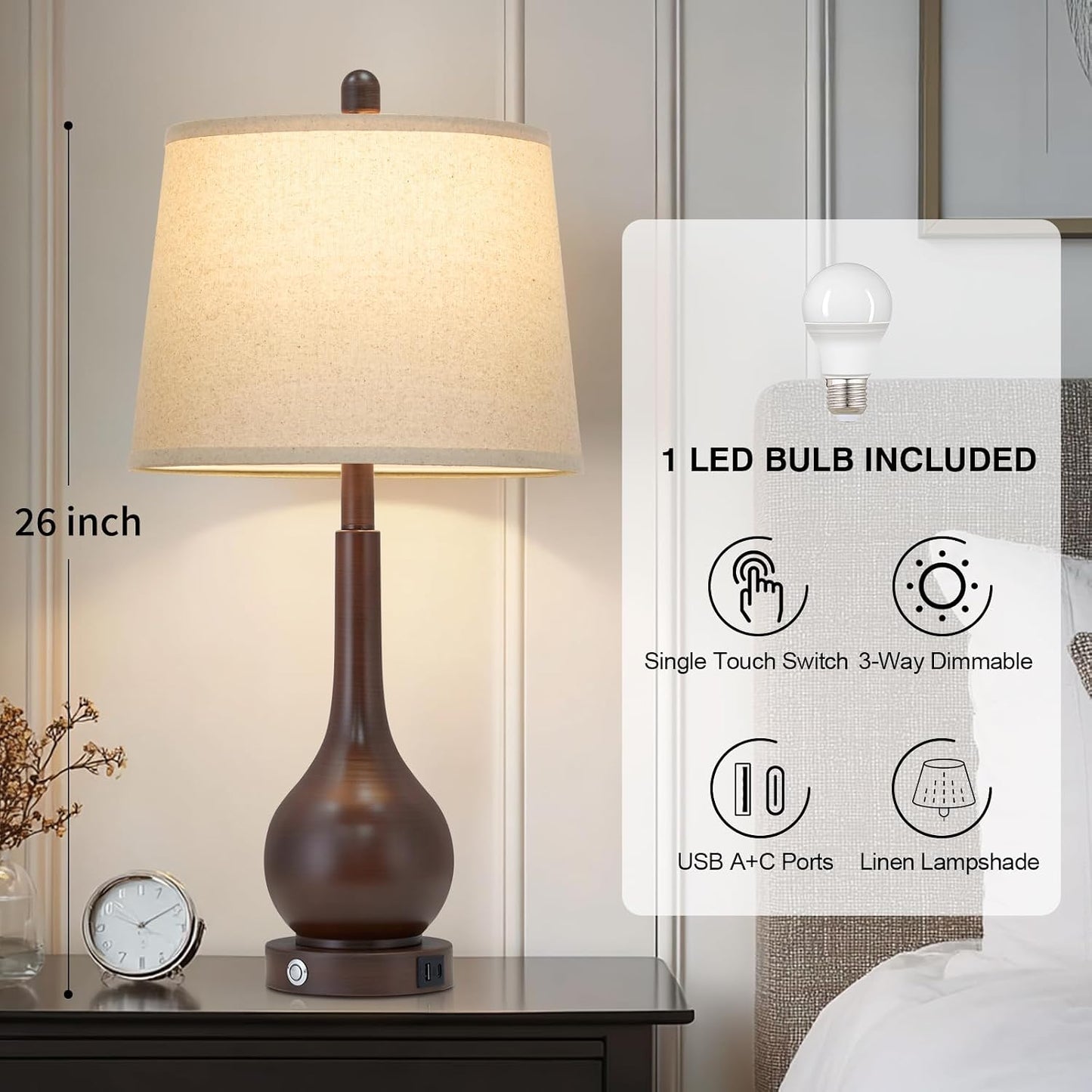 Lámpara mesa marrón 26pulg control táctil sala dormitorio