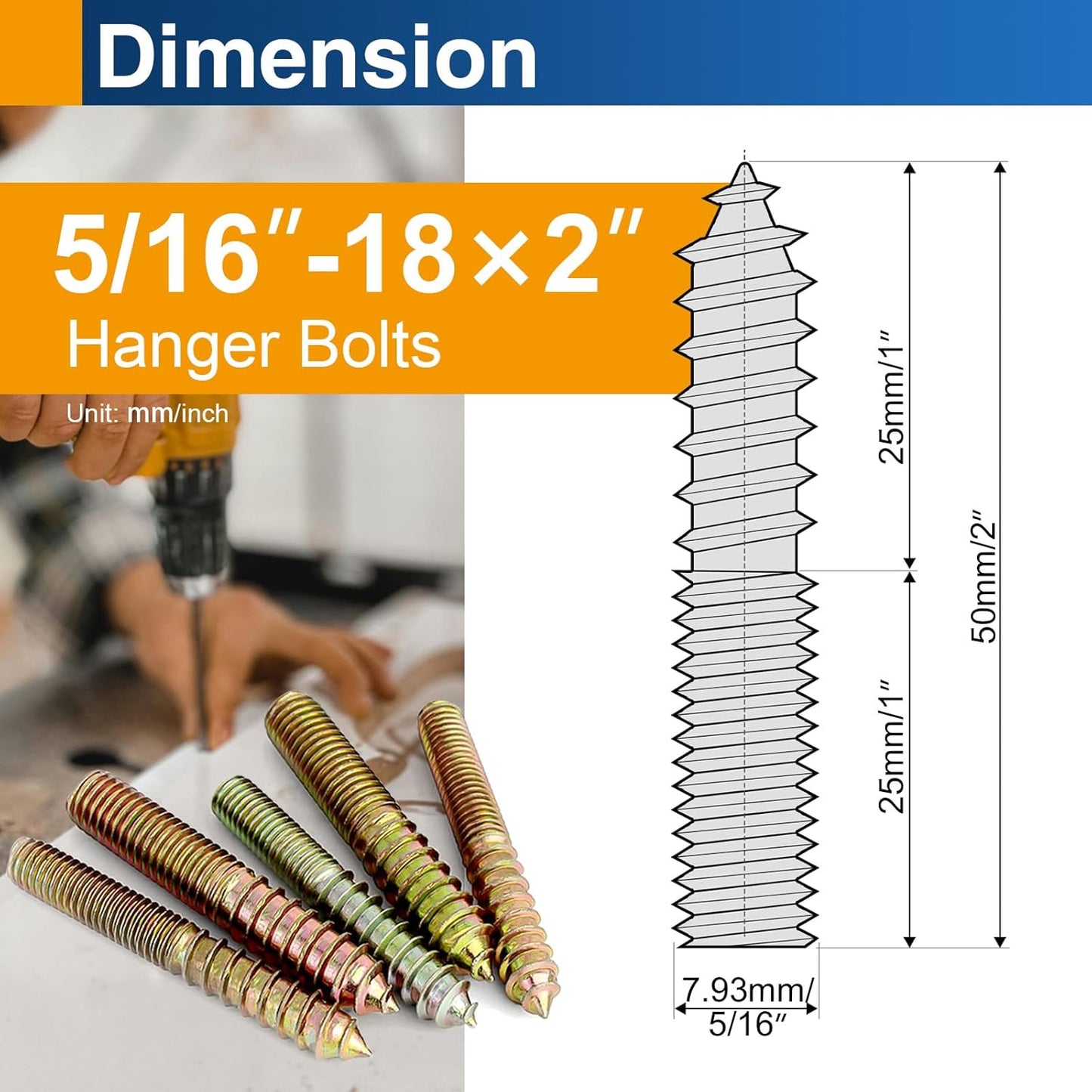 Pernos suspensión 5/16-18x2 pulg acero carbono doble pack 22