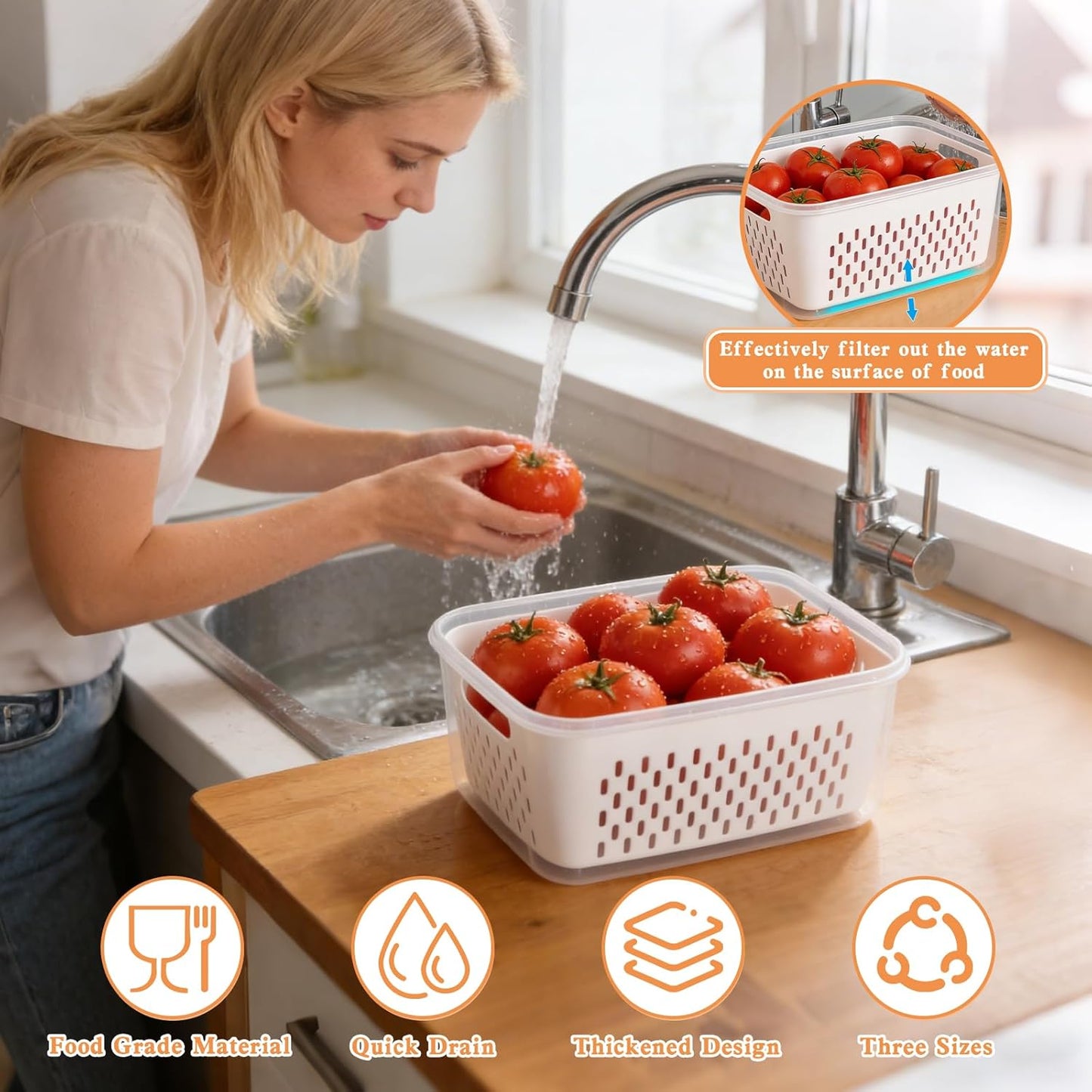 Contenedor Almacenamiento 4pulg 3 Pzas con Cernidor para Frutas