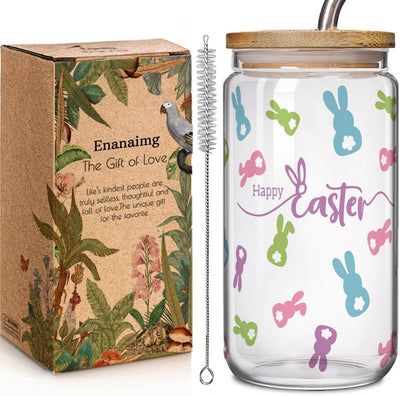 Taza de cristal con tapa y popote 16 oz, regalo de Pascua para mujer