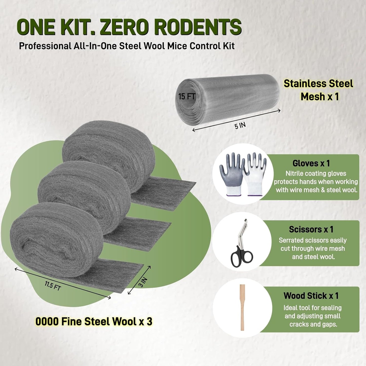Kit control ratones lana acero 3uds + malla inox