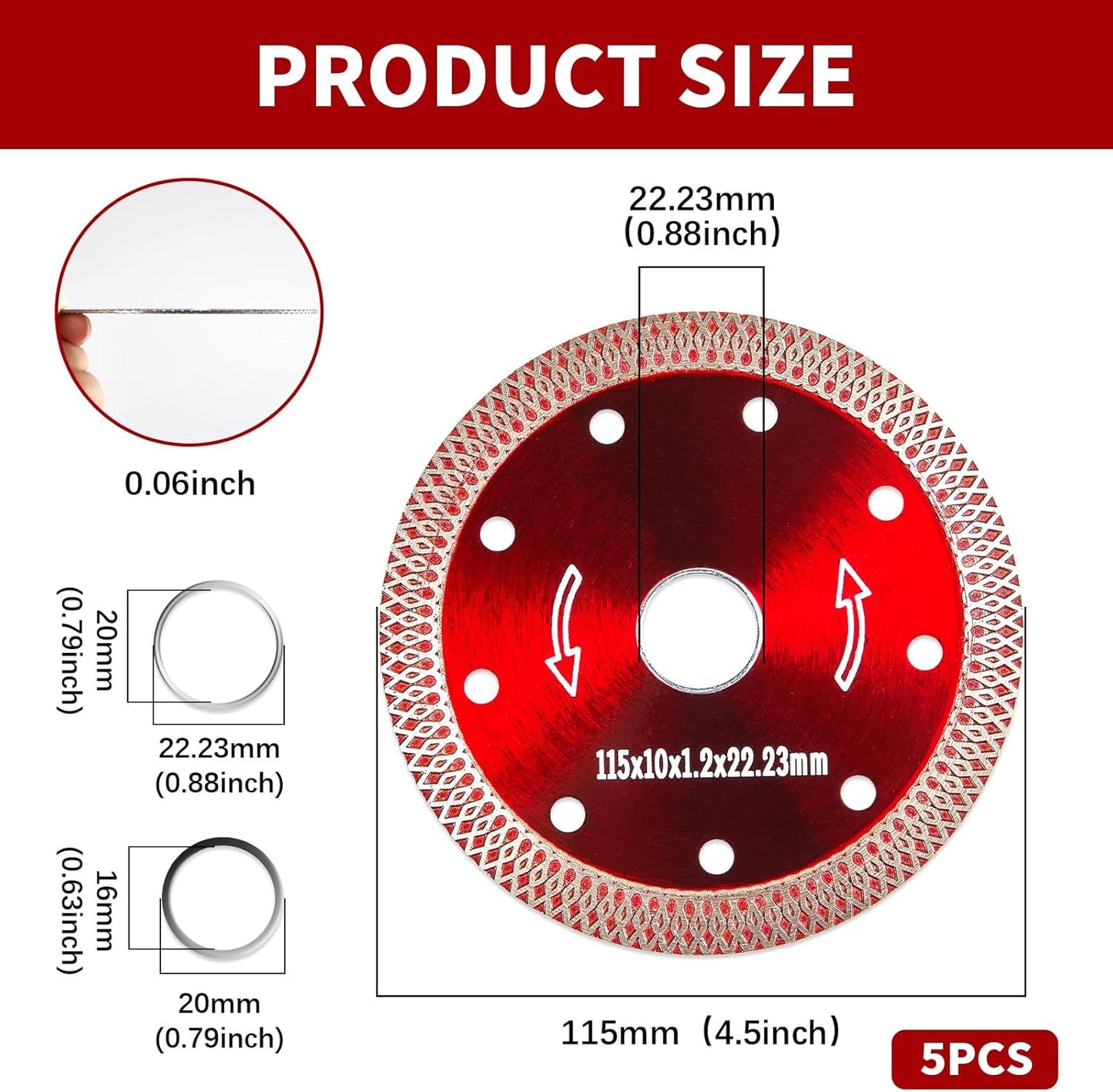 5 Hojas Sierra Diamante para Amoladora 4.5pulg Corte Plano