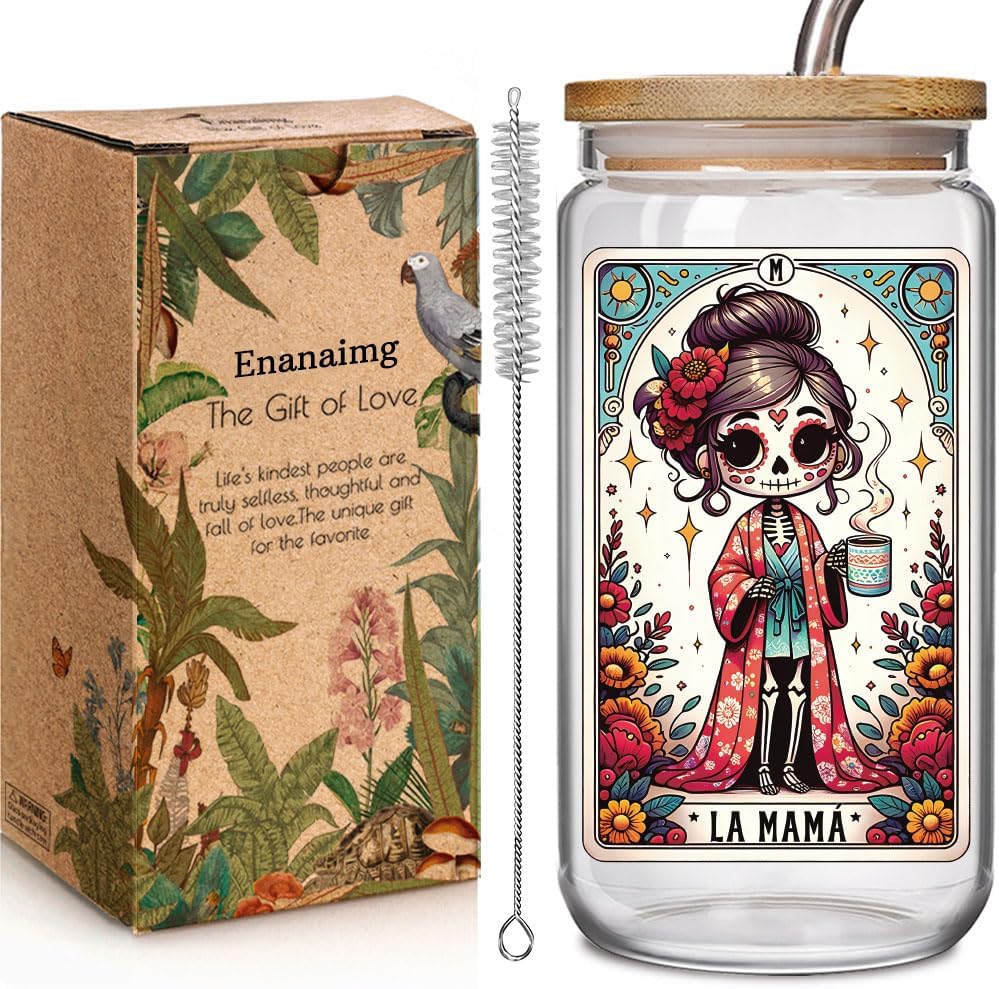 Vaso de vidrio con tapa y popote para mamá y mujer