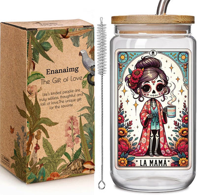 Vaso de vidrio con tapa y popote para mamá y mujer