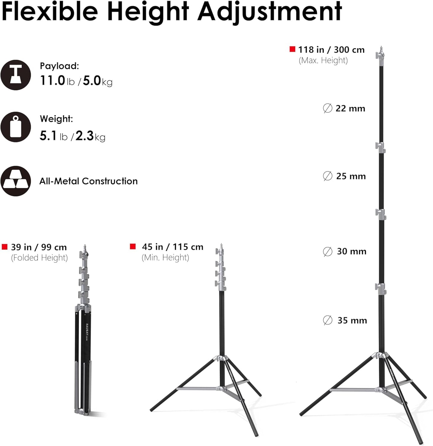 Soporte luz 10ft aluminio ajustable 1/4 y 3/8 pulg