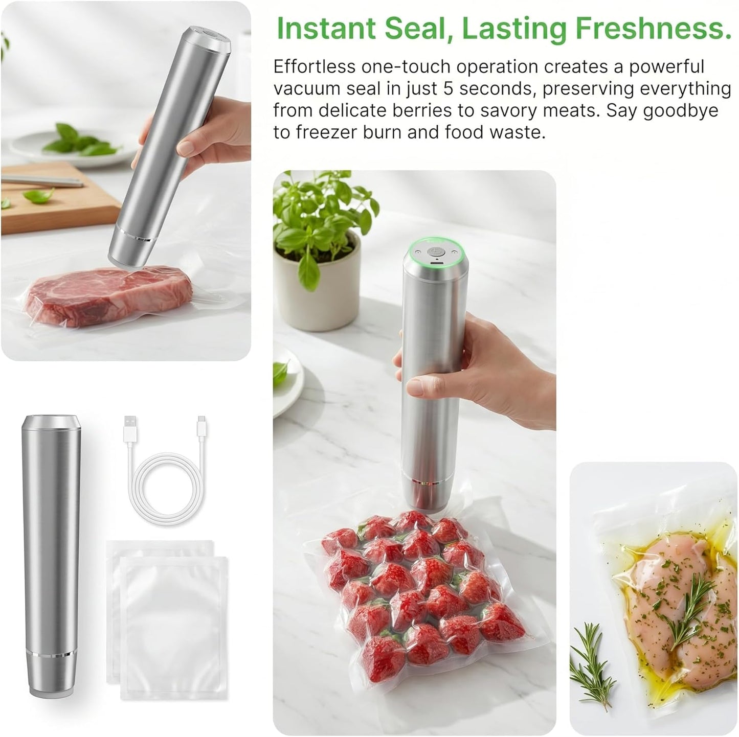 Sellador al vacío acero inox 304 con 10 bolsas reutilizables